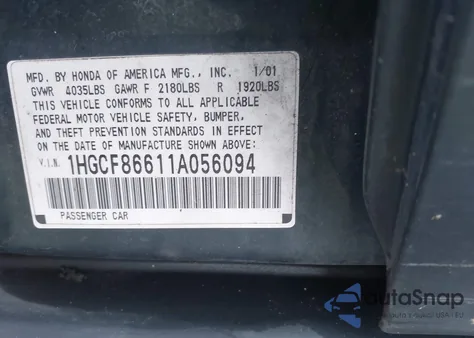 2001 Honda Accord Value Package z USA, uszkodzony, nr VIN 1HGCF86611A056094